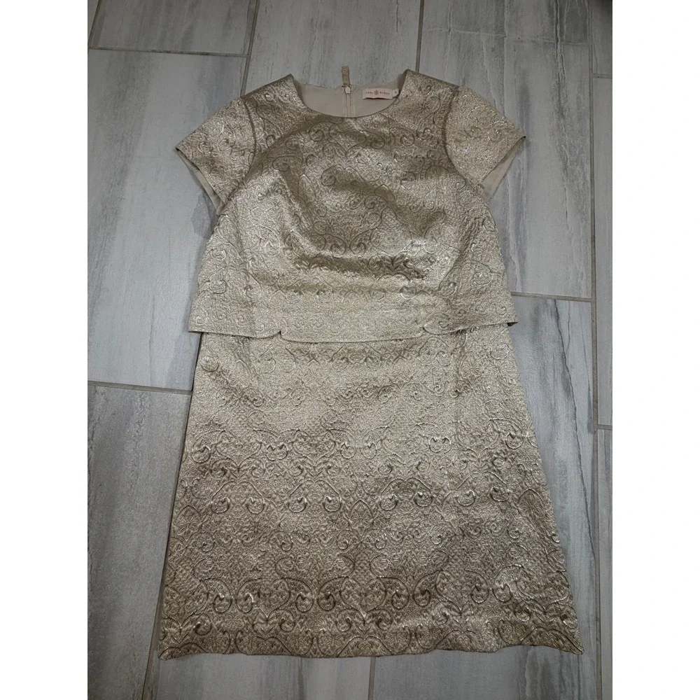 Tory Burch Gold Metallic Jacquard Scalloped Layered Dress 41141405 10 Gold